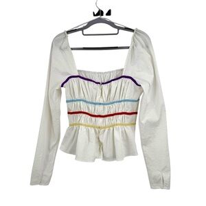 The East Order White Long Sleeve Smocked Peplum Top with Multicolor Trim Size M